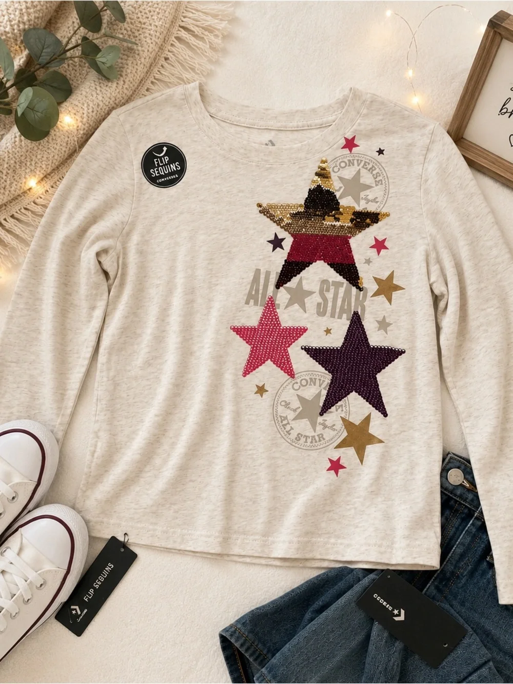 NWT Converse Flip Sequin All Star Girls Long Sleeve Tee